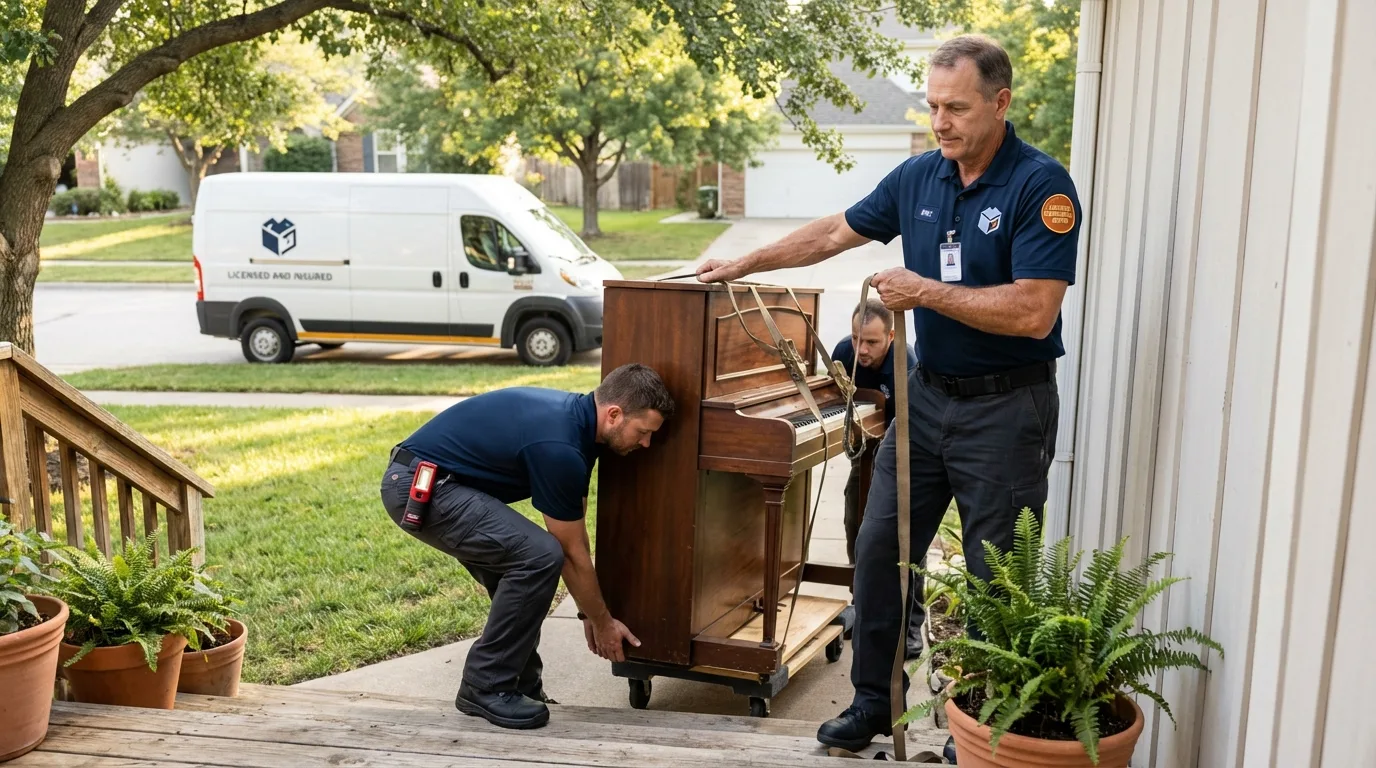 Licensed piano movers securing grand piano in Camden, OH