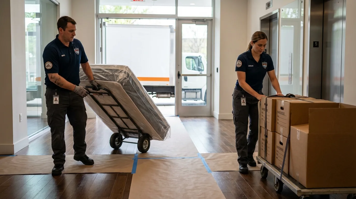 Professional apartment movers loading elevator in Camden, OH